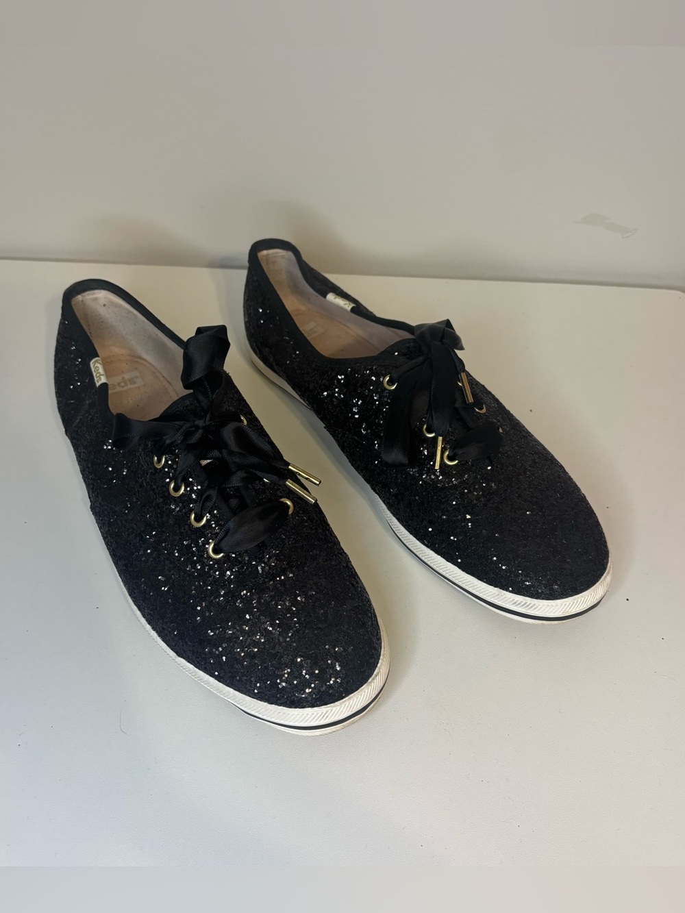 Keds Kate Spade Black Sequin Satin Ribbon Lace Sneakers size 8.5